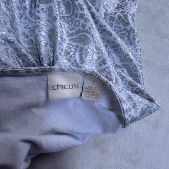 Chico's Womens White Silver Textured 3/4 Sleeve Top Size 1 Stretch 3/4 Sleeve - Picture 3 of 8